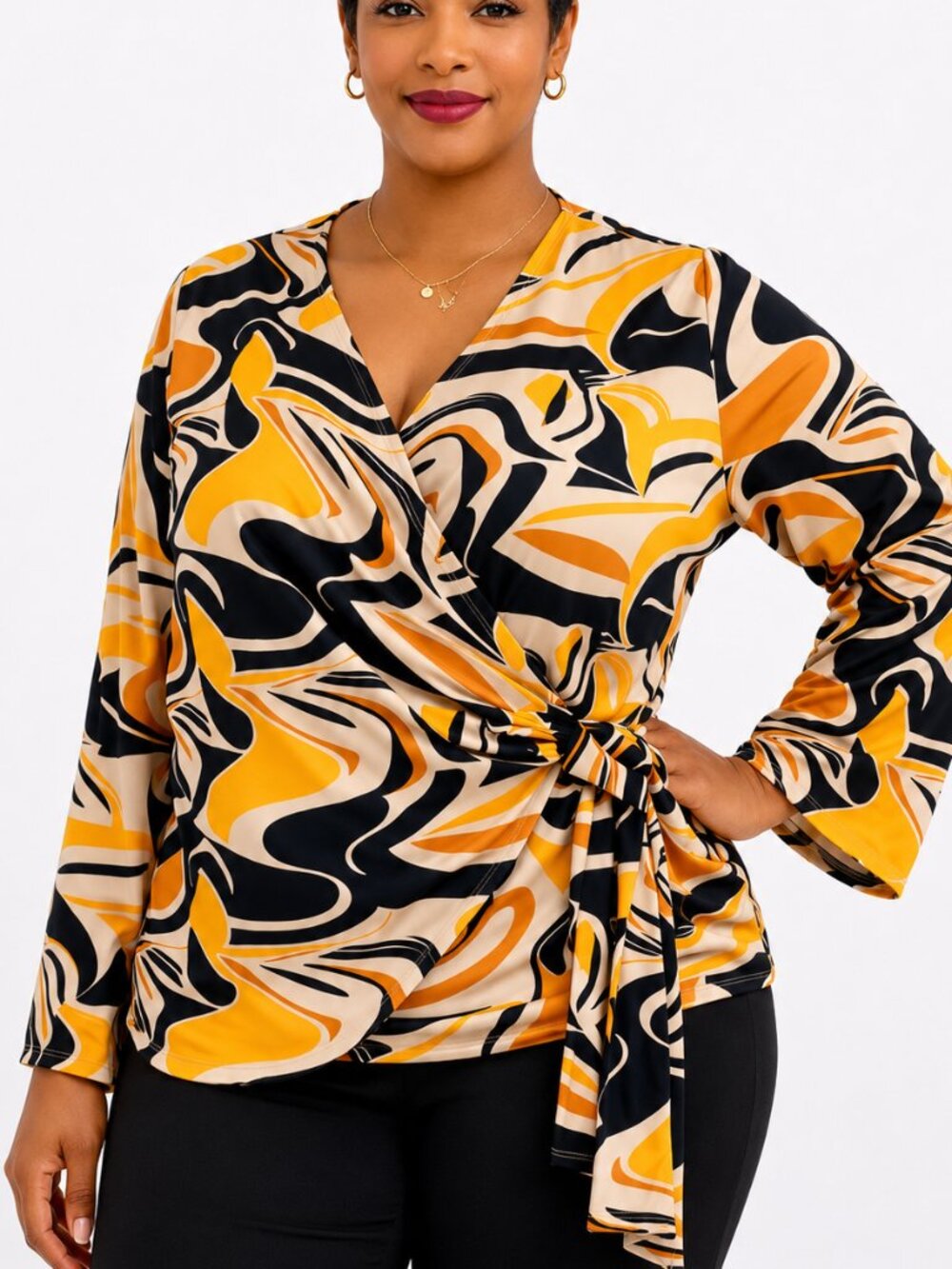 Plus Size 0X top. Full Figured faux wrap top, tie waist blouse w/ bell sleeves